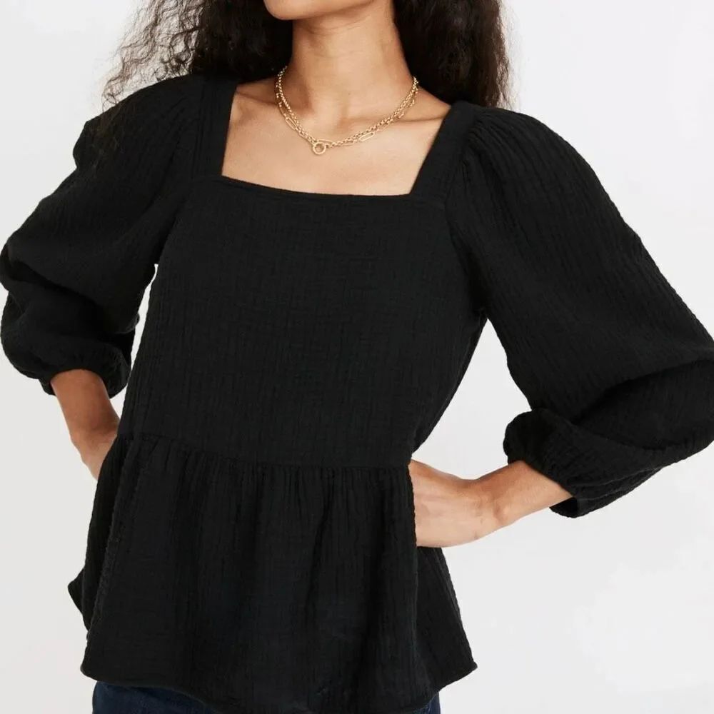 Madewell XS Black Lightspun Millbrook Puff-Sleeve Peplum Top